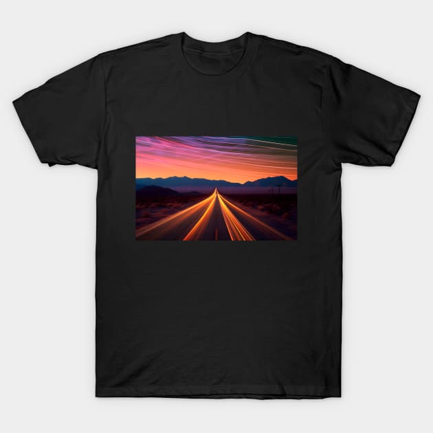 Desert Highway to Infinity Under Vibrant Twilight Skies T-Shirt by AIHRGDesign